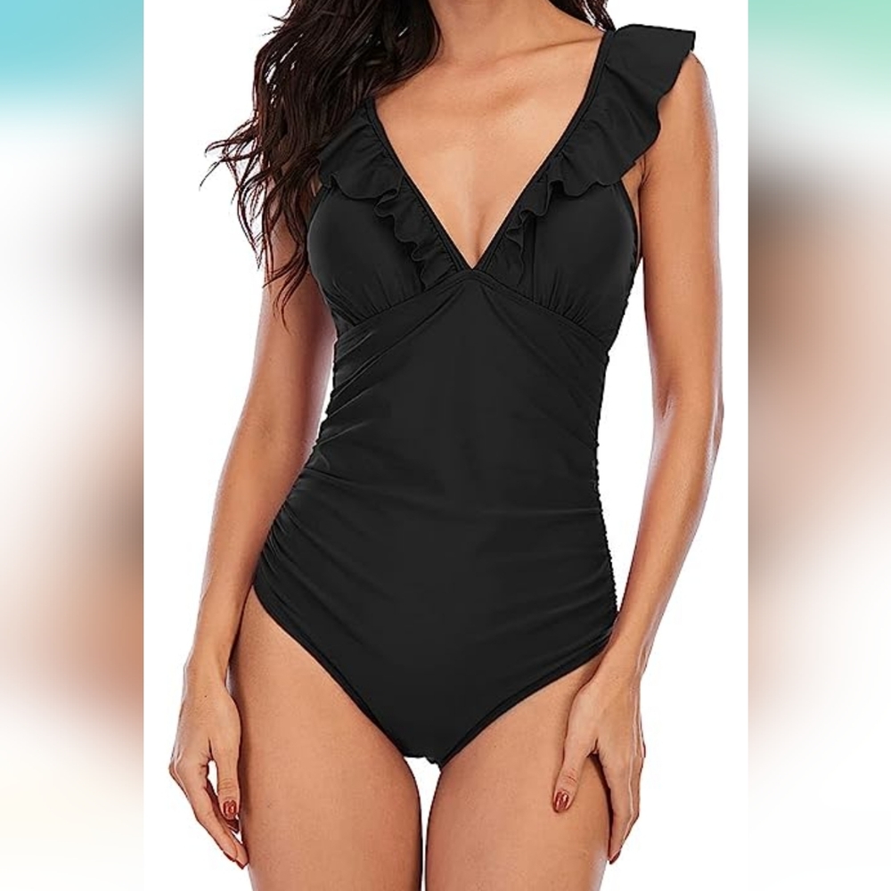 *Color Navy Blue* Women's One Piece Swimsuits Ruffle V Neck Tummy